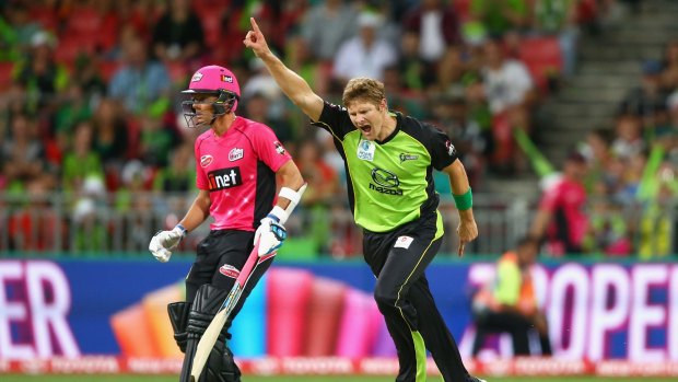Still life in the old dog: Shane Watson celebrates dismissing Trent Lawford in the Sydney derby of the Big Bash League last month.