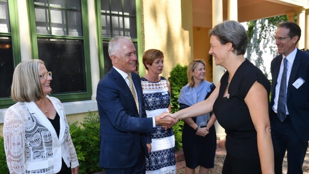 2018 Australian of the Year, Michelle Simmons, greets Prime Minister Malcolm Turnbull and Lucy Turnbull ahead of the announcement on Thursday. 