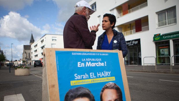 Sarah El Hairy, a candidate for La Republique En Marche, campaigns in Thouare-Sur-Loire, in Nantes.