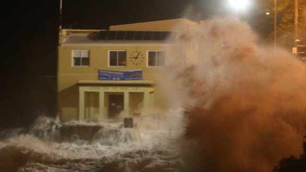 Coogee Surf Life Saving Clubhouse hit by massive waves during the storm.