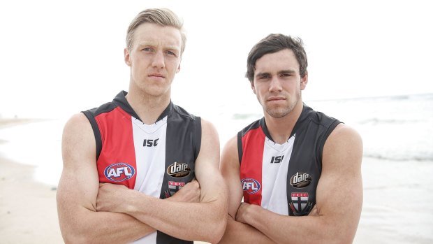 Hugh Goddard and Paddy McCartin of the St Kilda Saints pose for a photo during the media call with the 2014 NAB AFL draftees at Kurrawa Surf Club, Gold Coast on November 28, 2014. (Photo: Lachlan Cunningham/AFL Media) (Editors note: This image has had a digital filter applied)