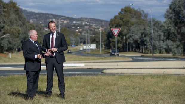 Chief Minister Andrew Barr and Minister Mick Gentleman last year, announcing a large stretch of Ashley Drive would be duplicated. The government has now committed to a full duplication.