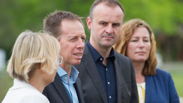 ACT Greens MLAs Caroline Le Couteur and Shane Rattenbury with Labor's Andrew Barr and Yvette Berry. Anti-corruption agencies tend to work better in smaller jurisdictions, which bodes well for the ACT's pending body.