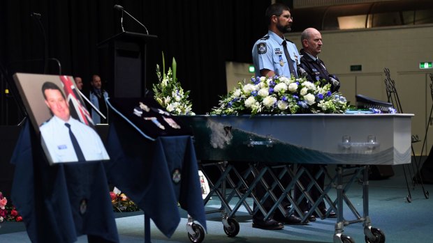 Senior Constable Brett Forte's casket is seen during his funeral service in Toowoomba.