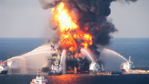 Fire boat response crews battle the blazing remnants of the real oil rig Deepwater Horizon, off Louisiana, in 2010.
