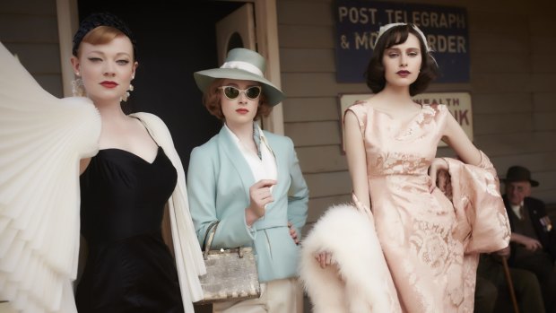 Sarah Snook as Gertrude, Amanda Woodhams as Nancy and Hayley Magnus as Prudence in <i>The Dressmaker</i>. 