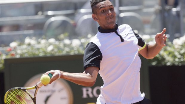 Nick Kyrgios retired from his second-round match at the Nice Open with right elbow soreness.