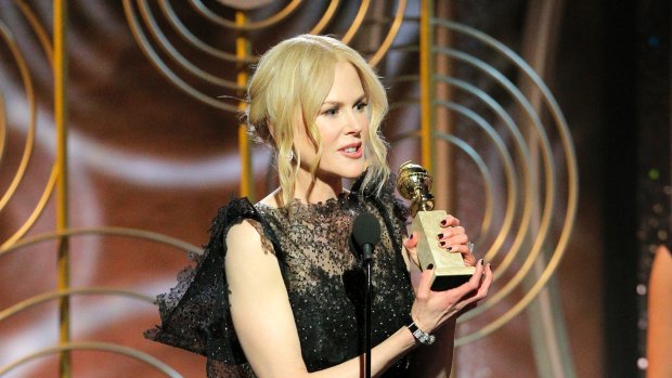 Nicole Kidman accepting the award for best performance by an actress in a limited series or motion picture made for TV for her role in "Big Little Lies," at the 75th Annual Golden Globe Awards in Beverly Hills, California.