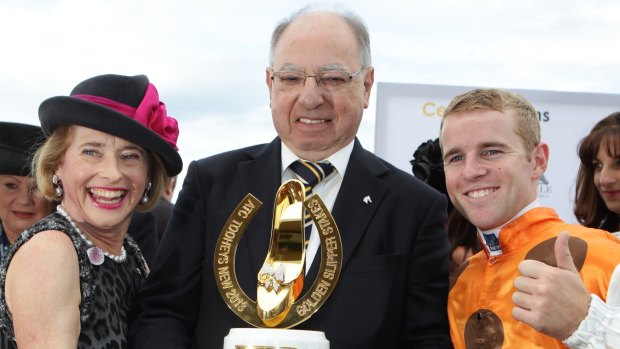 Success: Gai Waterhouse, George Altomonte and jockey Tommy Berry celebrate after winning the 2013 Golden Slipper with Overreach.