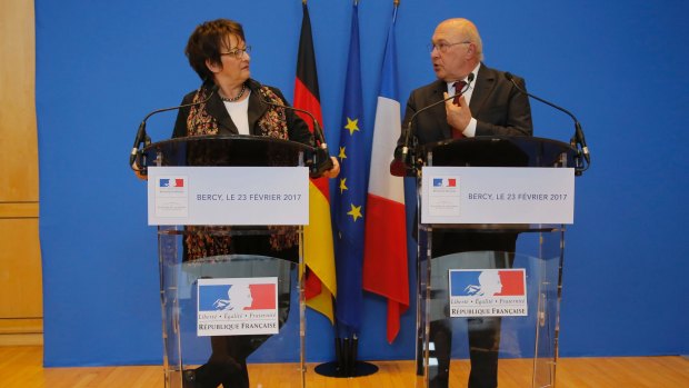 Germany's Economic Affaire and Energy Minister Brigitte Zypries, left, and France's Finance Minister Michel Sapin discussed the future of General Motors' Opel subsidiary at a meeting in February.