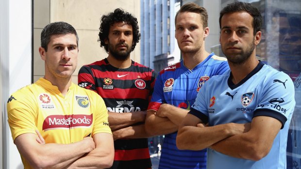 Ready for action: (from left) Nick Montgomery (Central Coast), Nikolai Topor-Stanley (Wanderers), Nigel Boogaard (Newcastle Jets) and Sydney FC's Alex Brosque in Sydney on Tuesday.