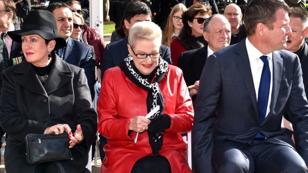 About face: Lord Mayor Clover Moore, Bronwyn Bishop and NSW Premier Mike Baird at the Anzac memorial.