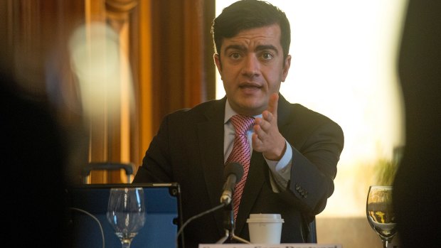 Labor Senator Sam Dastyari at the Melbourne hearing of the Senate inquiry into corporate tax avoidance in April, when the big miners were interrogated on their tax minimisation techniques.