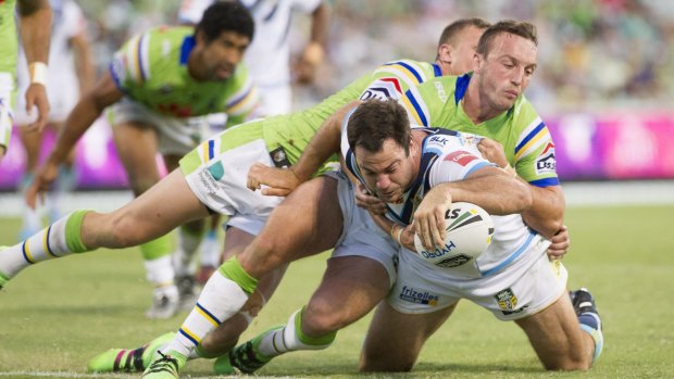 Titans prop David Shillington scores a try in Saturday night's 24-20 win against the Raiders at Canberra Stadium.