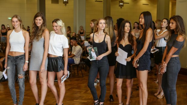 Models wait in line for their turn to walk at the casting for the David Jones Autumn Winter 2016 Fashion Launch runway show. 