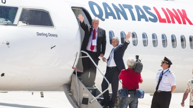 All aboard: The first flight has arrived at Brisbane West Wellcamp Airport.