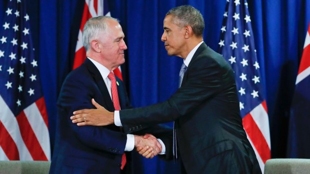 Barack Obama shakes hands with Malcolm Turnbull during their meeting at the Asia-Pacific Economic Cooperation in Lima.