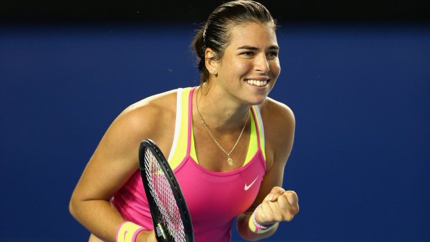 Ajla Tomljanovic of Australia celebrates after winning her first-round match against Shelby Rogers of the United States on Tuesday.