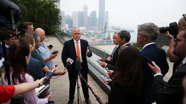 Prime Minister Malcolm Turnbull addresses the media in Hong Kong on Sunday 12 November.