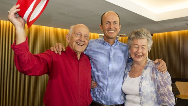 Peter Greste's father Juris, brother Andrew and mother Lois celebrate the journalist's release. 