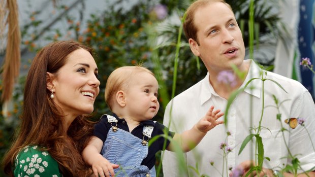 Awaiting their new addition: Catherine, Duchess of Cambridge holds Prince George as he and Prince William, Duke of Cambridge's look on while visiting the Sensational Butterflies exhibition at the Natural History Museum on July 2, 2014.