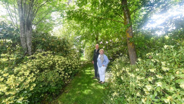 Cathy and Michael Wagner in the rhododendron  garden at Musk Farm, which used to be owned by the late Stuart Rattle.
