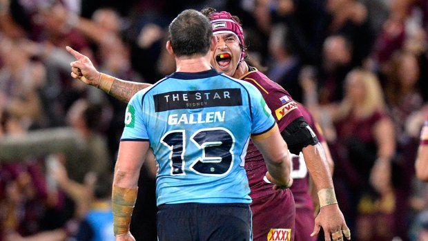 Insult to injury: Paul Gallen cops a spray from Johnathan Thurston after full time.