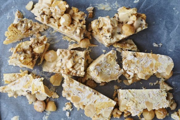 White rocky road with crushed honeycomb and toasted macadamias. 