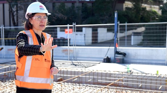 Premier Gladys Berejiklian inspecting the light rail construction which has closed off traffic in George Street.