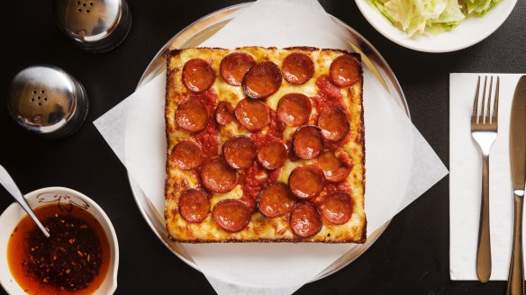 The Detroit-style pepperoni pizza on the new menu at the Lansdowne Hotel.