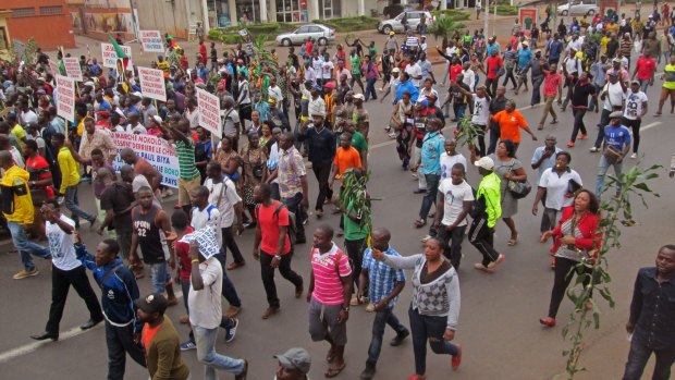 People march in Yaounde in a show of support for the Cameroon army fighting Boko Haram militants.