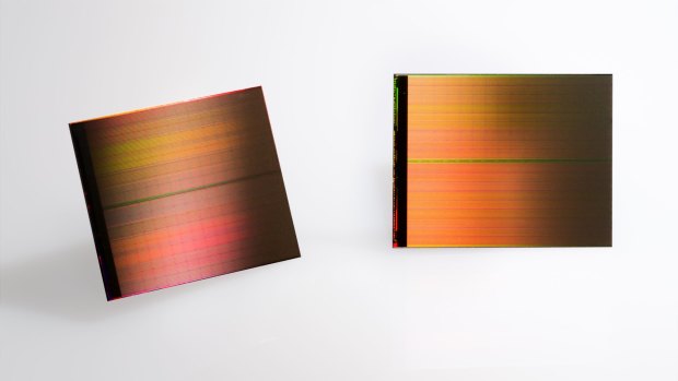 A pair of 3D XPoint dies. Dies are the actual sheets of semiconductor (usually silicon) in a chip. Intel says each XPoint die can hold 128GB of data.