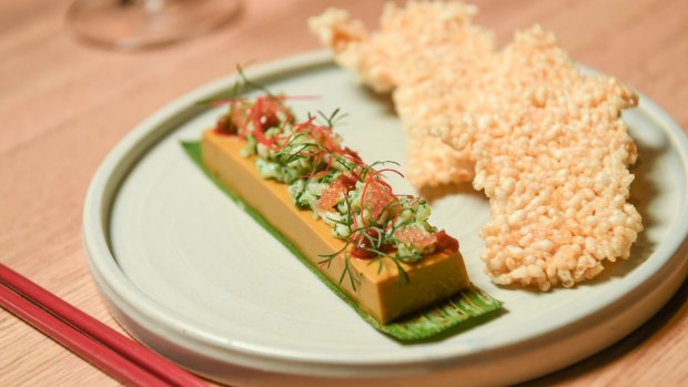 Sunda's riff on otak otak: Crab parfait with bubbled rice crackers.