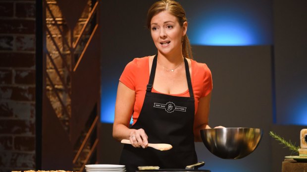 Ex-MasterChef contestant Heather Day making her pitch on Shark Tank for an investment in her artisan butter.
