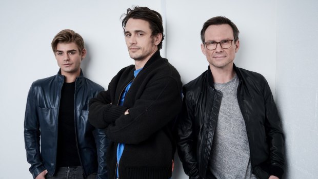 Garett Clayton, James Franco, and Christian Slater from "King Cobra" pose at the Tribeca Film Festival.