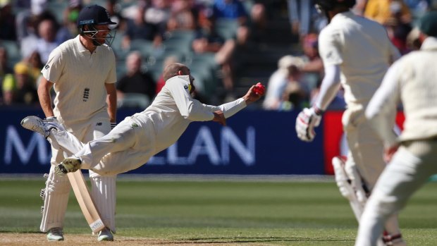 What a catch: Off his own bowling, Nathan Lyon flies through the air to snare Moeen Ali.