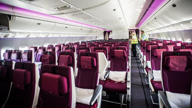 Inside Qatar's Boeing B777 aircraft at Monday's launch of the new Canberra to Doha route via Sydney.