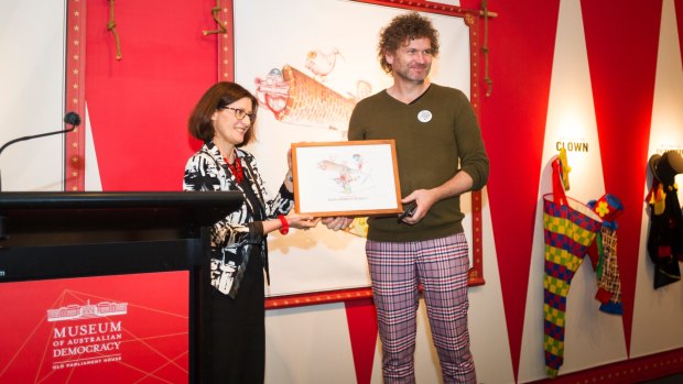 Museum of Australian Democracy director Daryl Karp, left, announces cartoonist David Rowe as 2017 Political Cartoonist of the Year.