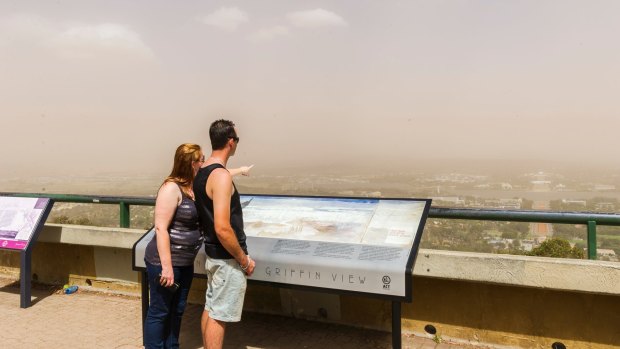 Canberra, viewed from Mount Ainslie, grapples with a dust cloud.