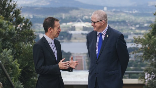 Territory and Municipal Services Minister Shane Rattenbury, left, with National Capital Authority chief executive Malcolm Snow.