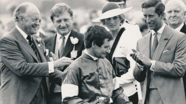 Pat Hyland, the 1985 Melbourne Cup winning jockey, with Hilton Nicholas, John Elliott, Prince Charles and the late Princess Diana.