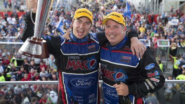Successful branding: Chaz Mostert and Paul Morris of Ford Performance Racing celebrate winning the Bathurst 1000.