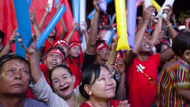 Jubilation among NLD supporters in Yangon on Monday. 