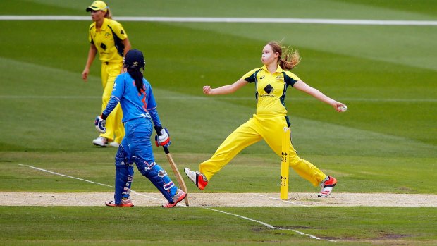 Lauren Cheatle bowls during a Twenty20 against India.
