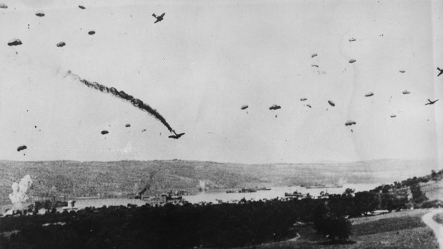 May 1941: German parachutists drop onto Crete during the invasion of Greece. 