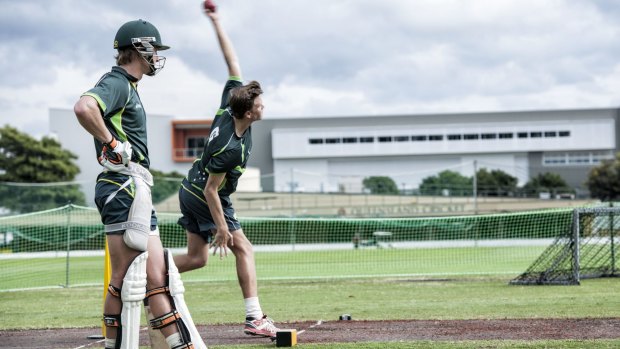 Thursday 21 May 2015.
QUT's innovation arm, bluebox, partnered with Cricket Australia to create a training aid that uses a sensor to detect when a bowler commits a no ball by overstepping the popping crease. Pictured at the National Cricket Centre are (left) Sam James, Bluebox Consultant and Troy Cooley (right), head coach at Cricket Australia and a former first-class cricketer.
Photo:QUT Marketing and Communication/Erika Fish.
PH:0731385003. The door-chime-based device in action at the  Cricket Australia National Performance Program at Allan Border Fields