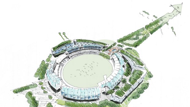 A preliminary sketch of a bid by GWS Giants and Grocon to redevelop Manuka Oval. 