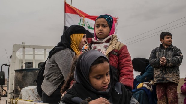 An Iraqi family who fled fighting as Iraqi forces advanced into Islamic State-controlled west Mosul.