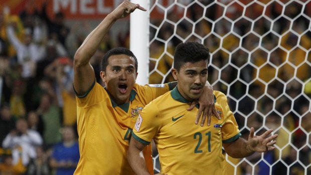 Massimo Luongo (right) scored the goal to put Australia ahead against Kuwait.