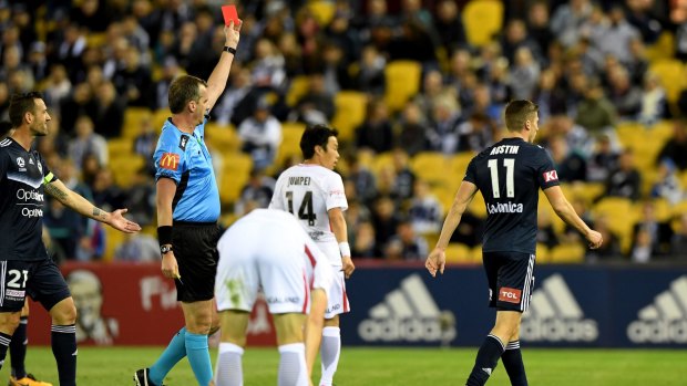Turning point: Mitch Austin gets his marching orders in the 24th minute.